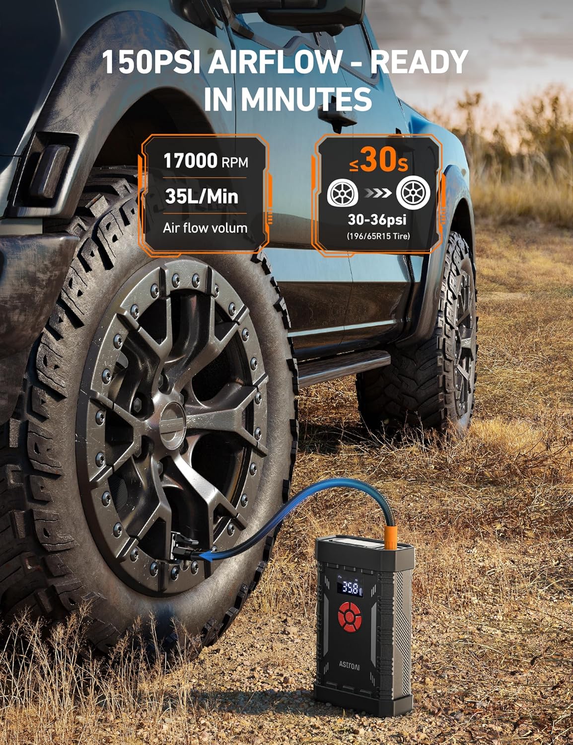 AstroAI S8 Air Jump Starter with Air Compressor, 3000A Peak Car Battery Jump Starter Portable (9.0 Gas/6.5L Diesel) with 150PSI Cordless Auto-Shutoff Tire Inflator, 12V Battery Charger Booster(Orange)
