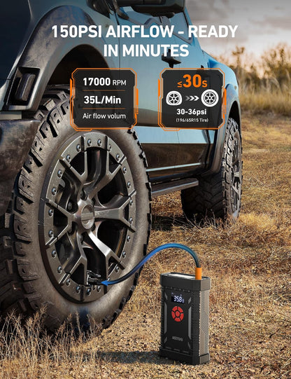 AstroAI S8 Air Jump Starter with Air Compressor, 3000A Peak Car Battery Jump Starter Portable (9.0 Gas/6.5L Diesel) with 150PSI Cordless Auto-Shutoff Tire Inflator, 12V Battery Charger Booster(Orange)