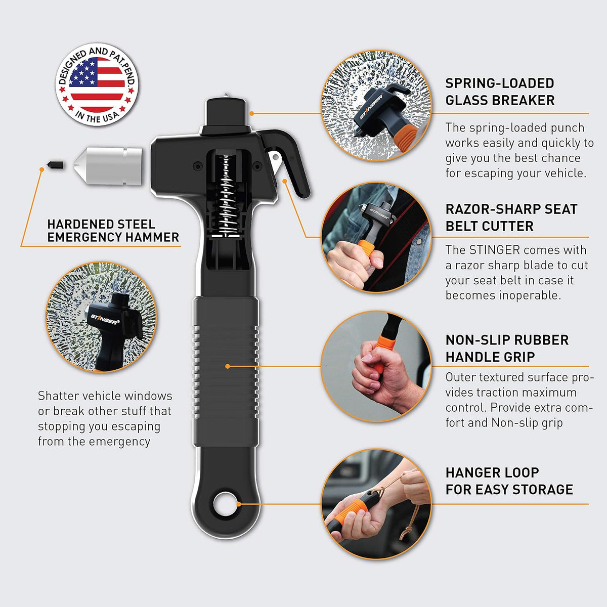 Stinger Super Duty Car Emergency Escape Tool, Hardened Carbon Steel Vehicle Safety Hammer, Spring Loaded Window Breaker, Razor Sharp Seat Belt Cutter, Auto Accident Life-Saving Rescue Tool (Orange)