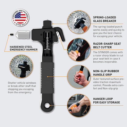 Stinger Super Duty Car Emergency Escape Tool, Hardened Carbon Steel Vehicle Safety Hammer, Spring Loaded Window Breaker, Razor Sharp Seat Belt Cutter, Auto Accident Life-Saving Rescue Tool (Orange)