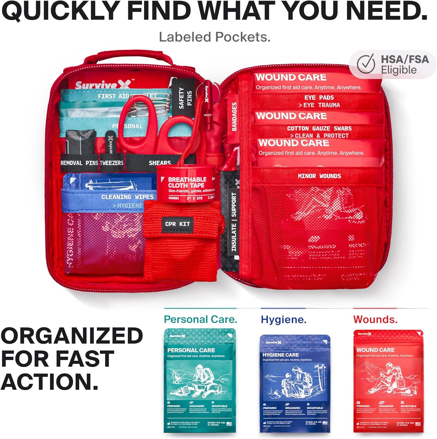SurviveX Small First Aid Kit for Car, Travel & Home - Emergency Kit for Hiking, Camping, Backpacking and Outdoors - Includes Zip Stitch Wound Closure Strips