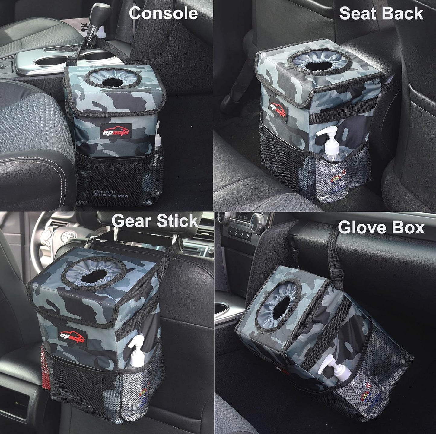 EPAuto Waterproof Car Trash Can with Lid and Storage Pockets, 2.5 Gallon, Black