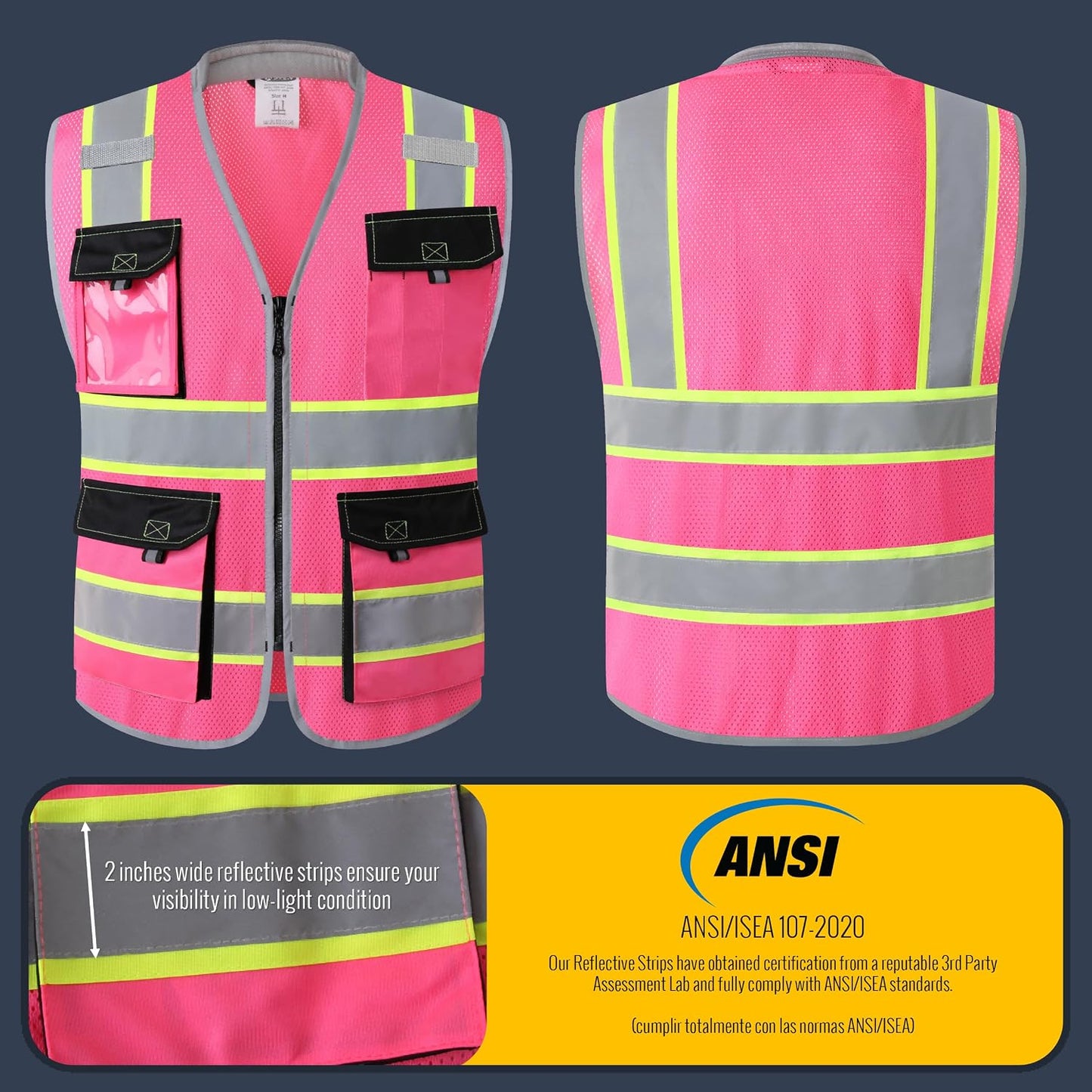 JKSafety Safety Vest for Men Women Hi Vis with Pockets and Cushioned Collar Construction Vest Meet ANSI Standard (BX360)