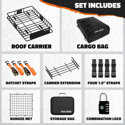 Mockins 16 Cu Ft Weatherproof No Rack Rooftop Cargo Carrier Bag 45"x34"x18" | Rooftop Cargo Bag for Top of Car | Car Topper Luggage Carrier Waterproof Set w/ Accessories | Vehicle Soft-Shell Carriers