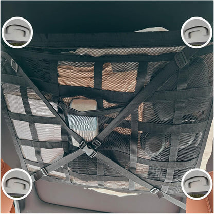 Car Ceiling Cargo Net with 2 Pockets - 35.4"x25.5" Cross-Strap Reinforced Double-Layer Mesh Organizer, Adjustable for SUVs - Road Trips, Camping, Commuting Storage Organization - Black