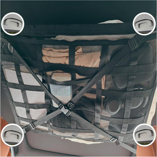 Car Ceiling Cargo Net with 2 Pockets - 35.4"x25.5" Cross-Strap Reinforced Double-Layer Mesh Organizer, Adjustable for SUVs - Road Trips, Camping, Commuting Storage Organization - Black