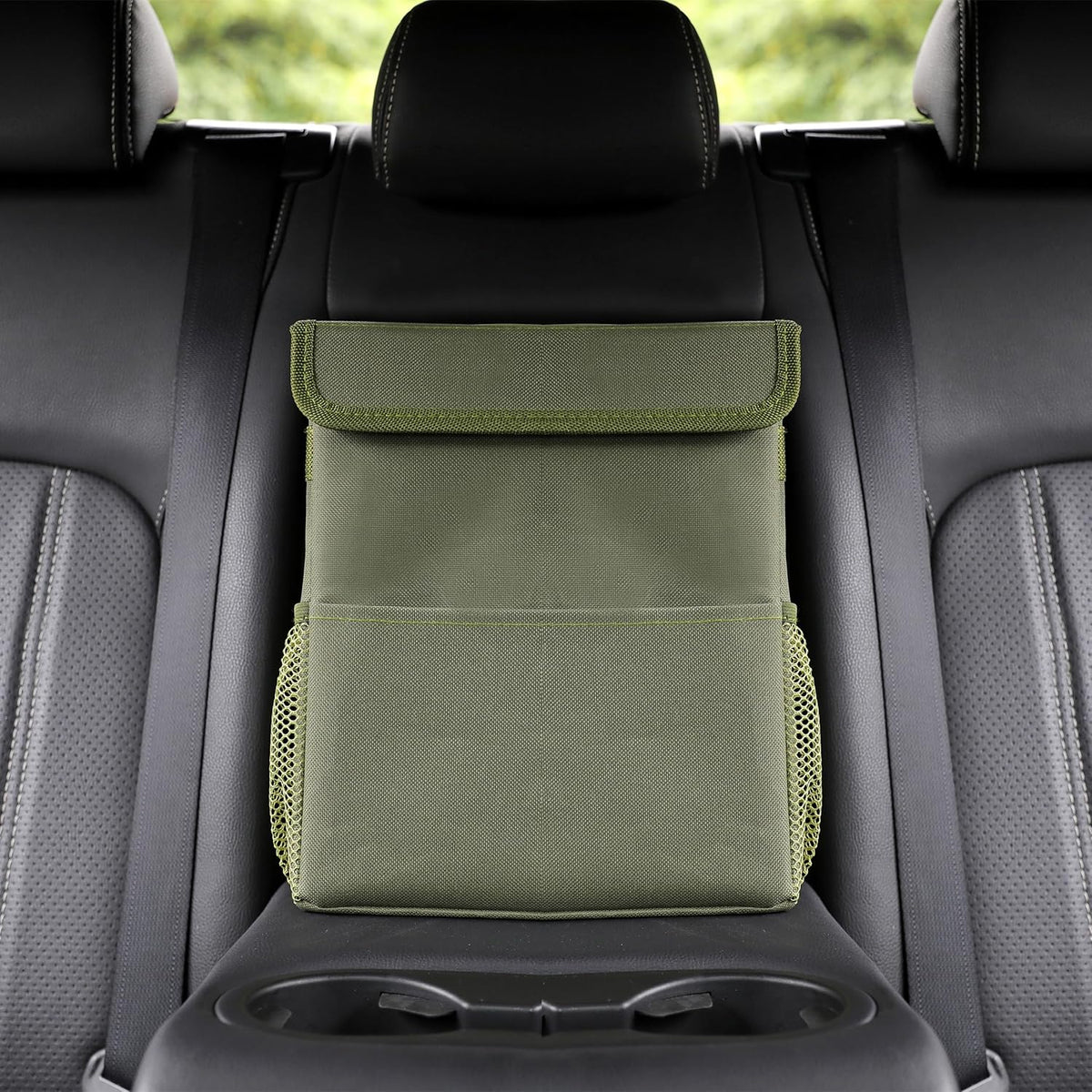 AOKJOY Car Garbage can with lid Leak Proof Vehicle Trash Can 3 Storage Pockets Hanging Waterproof car Trash Bag for SUV Beige