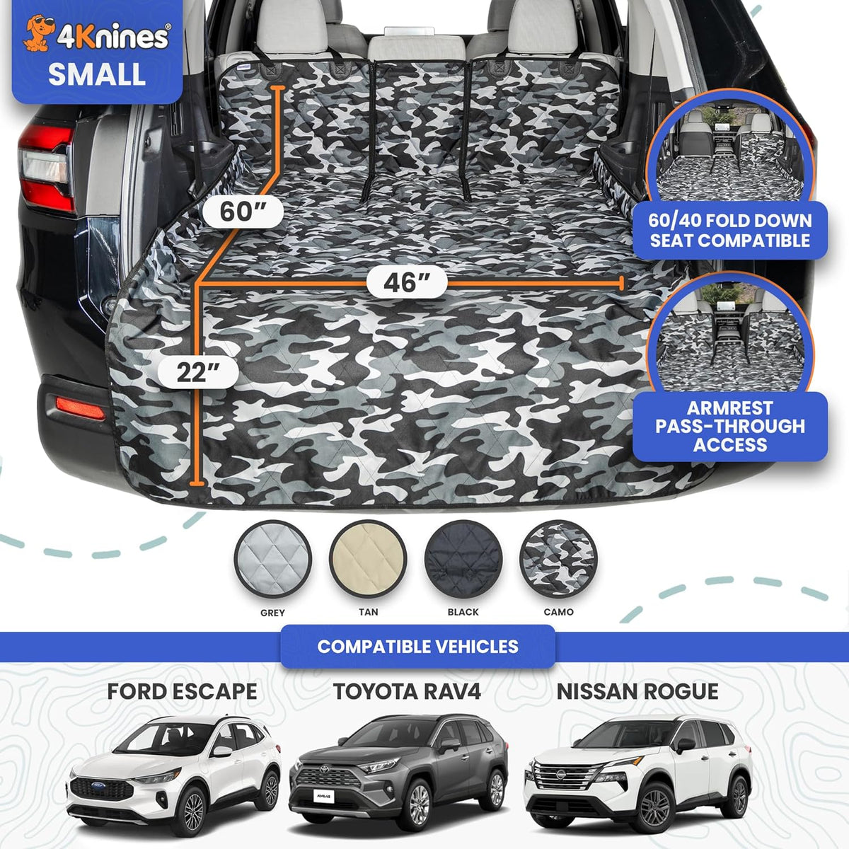 4Knines Split Cargo Liner for SUV – For Dogs & Pets, Heavy-Duty, Waterproof Trunk Mat & Cargo Cover – Fits 60/40 Split Bench & Armrest Pass-Through – Machine Washable, Non-Slip, Durable (Large, Black)