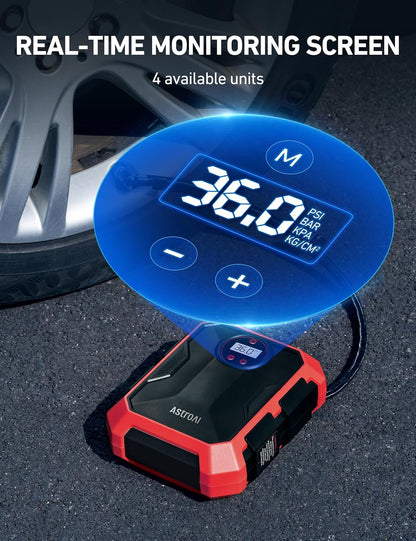 AstroAI Tire Inflator Portable Air Compressor 12V DC 100PSI, Integrated Storage, Digital Gauge, Auto Shut-Off Fast Inflation LED Light, Air Pump for Car Tires Bike Motorcycle Other Inflatables, Yellow