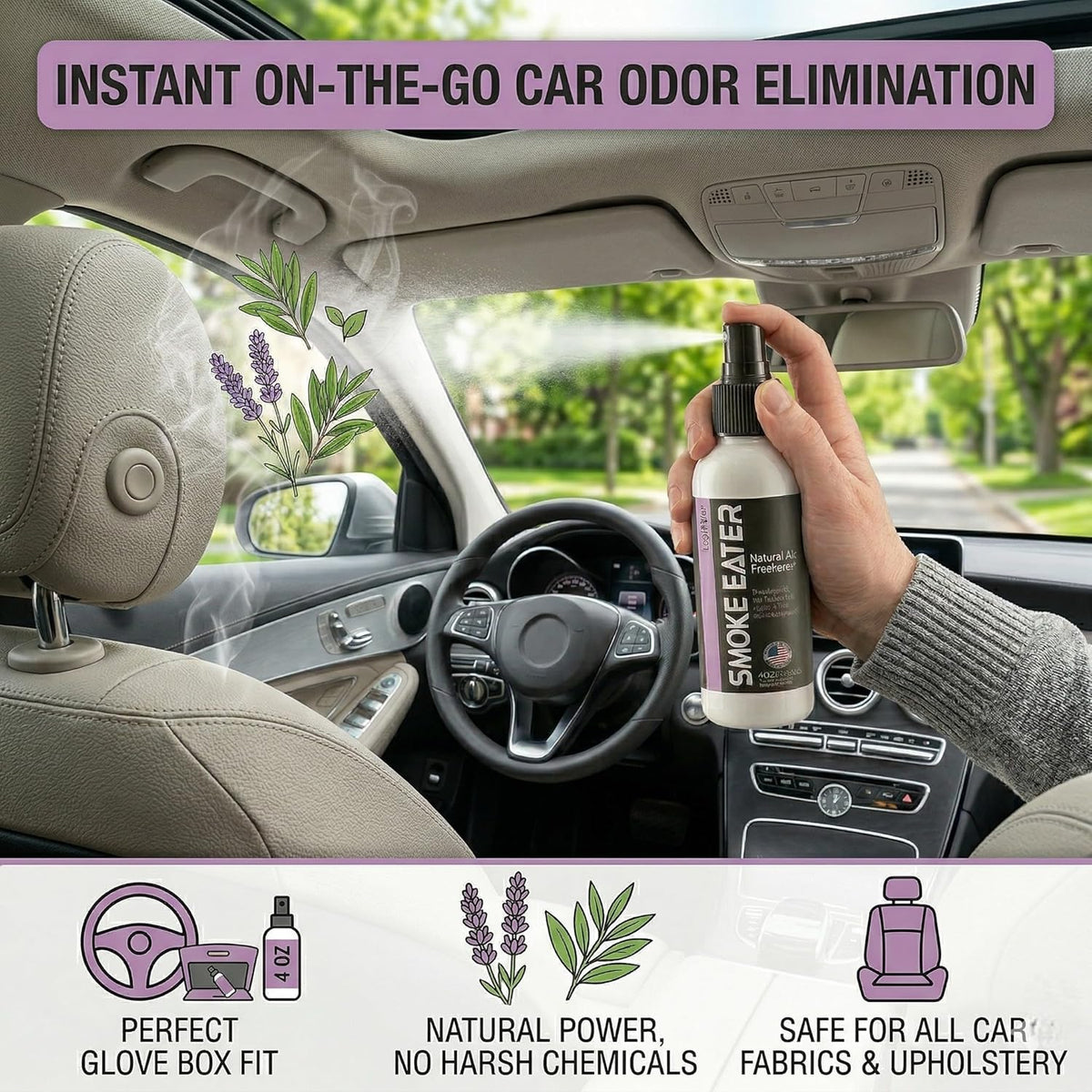 Smoke Eater Cigarette, Cigar, Cannabis & Tobacco Odor Eliminator Spray & Air Freshener for Car, Home, Clothes — Lavender, 4 oz Travel Size — Tea Tree Oil Formula, Non-Aerosol Pump Spray