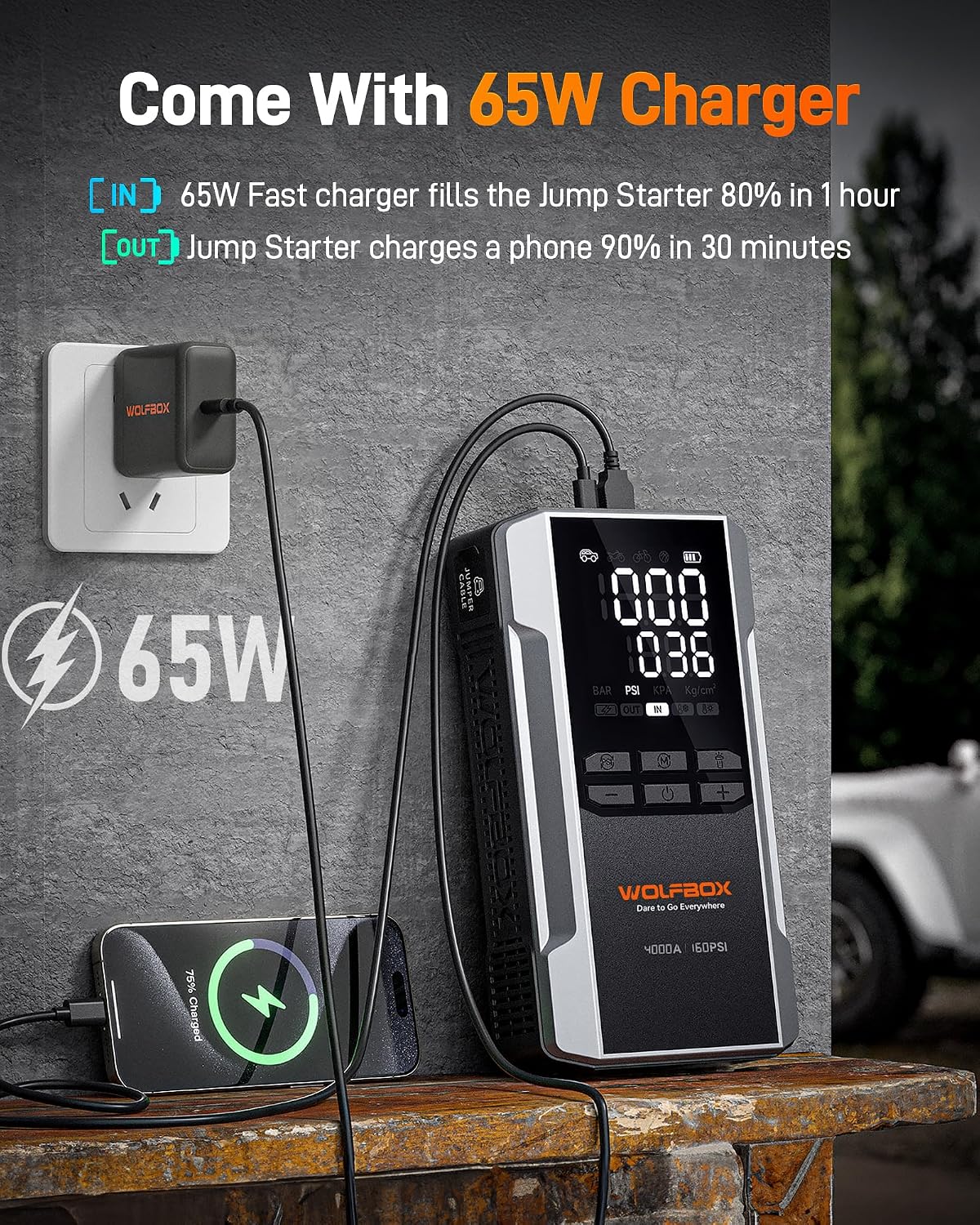 WOLFBOX MV16A 3000A Jump Starter with Air Compressor, 59.2Wh&160PSI Portable Car Battery Jump Starter with 65W Fast Charging, 12V Battery Pack (8L Gas 6L Diesel) with Boost, Light and Jumper Cables
