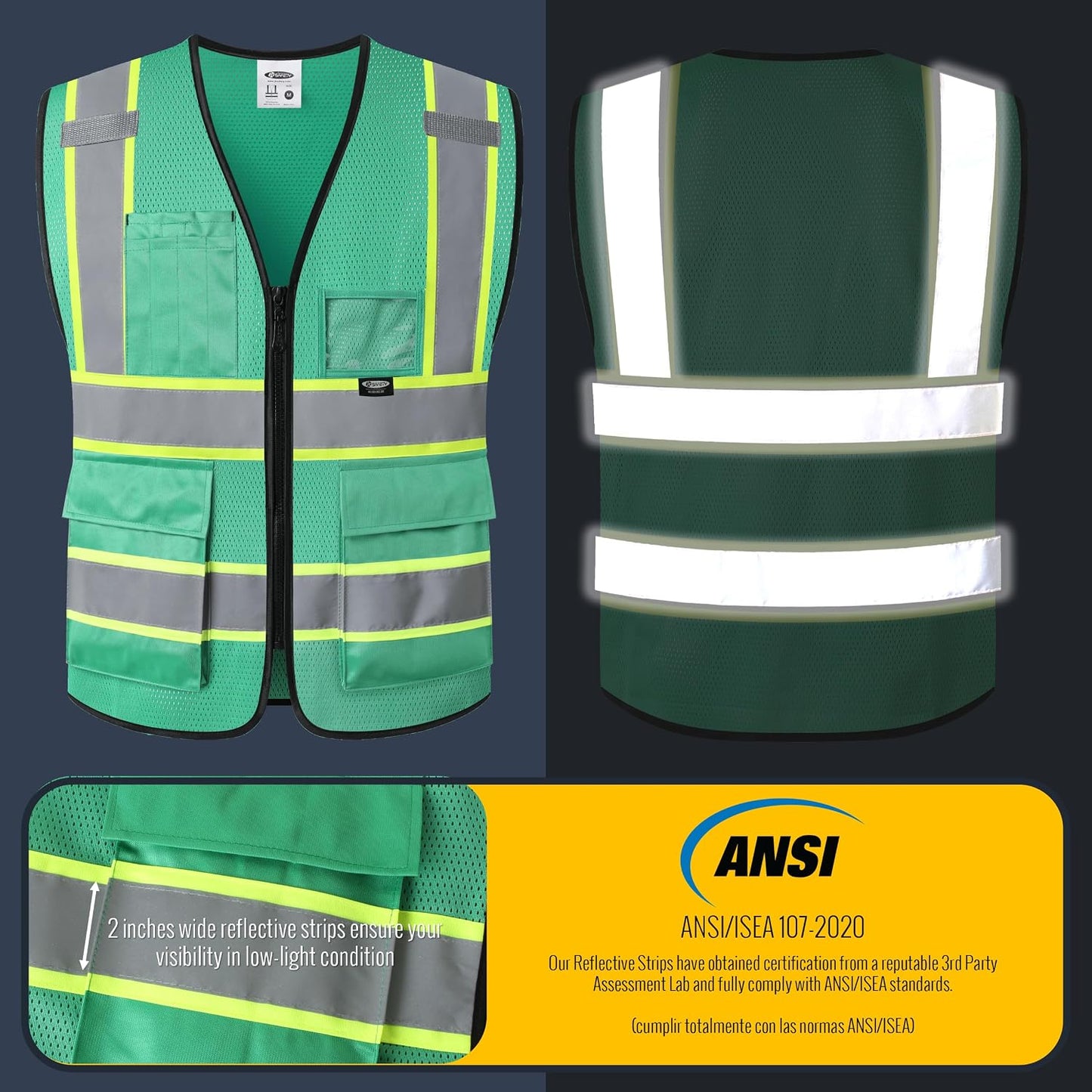 JKSafety Safety Vest for men women Hi Vis Reflective Vest with Pockets and Zipper High Visibility Meet ANSI Standard（BX320