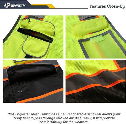JKSafety 9 Pockets Class 2 High Visibility Zipper Front Safety Vest With Reflective Strips,Meets ANSI/ISEA Standard (Large, 150-Yellow) - Colors B