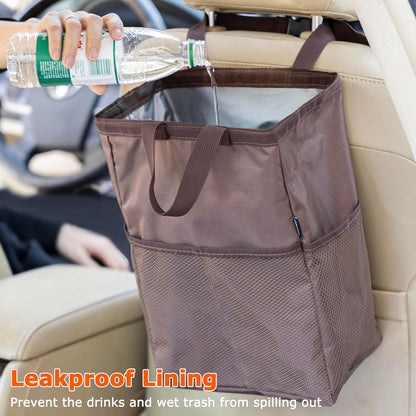 Ginsco New Leak-Proof Travel Car Trash Bag, 3.5 Gallons Large Capacity Hanging Car Trash Can with Hook and Loop Lid and Handle, Multipurpose Trash Bin with Storage Pockets for SUV RV Camping (Black)