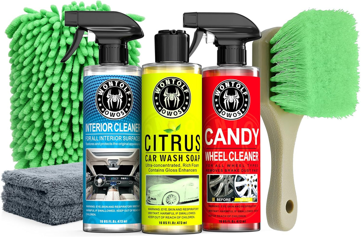 Wontolf CWK188 Car Wash Kit with Foam Gun, Car Wash Soap, Interior Detailer Cleaner, Wheel Cleaner, Car Care Cleaning Detailing Kit for Cars Trucks RVs SUVs Motorcycles (Works w/Garden Hose), 10 Items