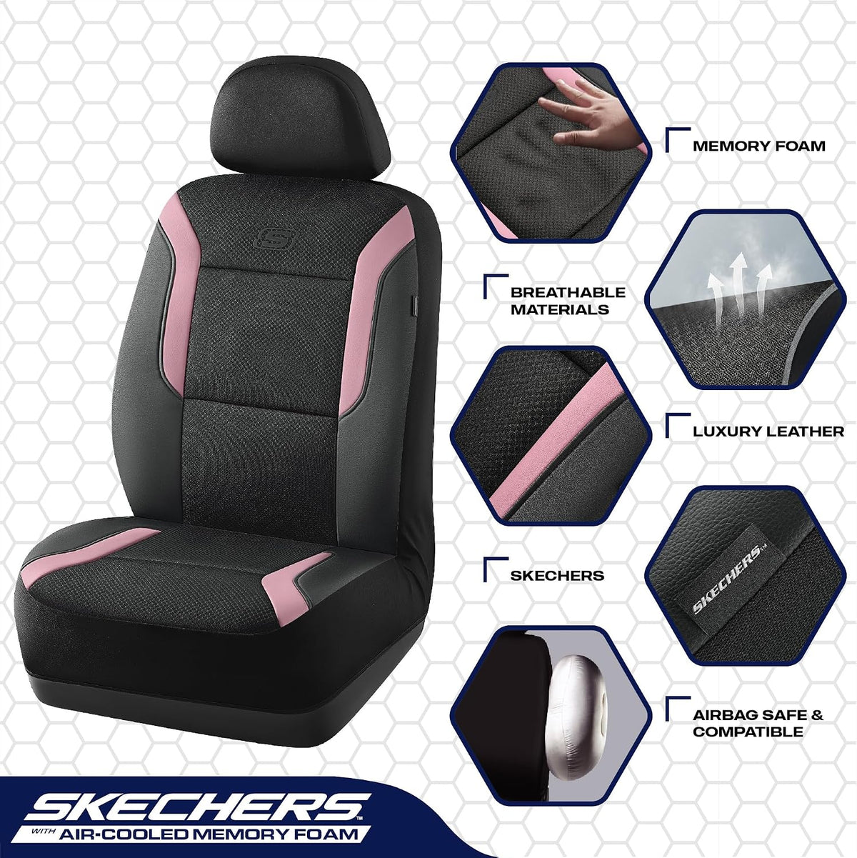 Skechers Memory Foam Seat Covers, Air Cool Mesh Thick Car Seat Covers, Car Seat Covers Front Seats Airbag Compatible, Universal Automotive Comfort for Most Cars, Vans, Trucks, SUV,Black