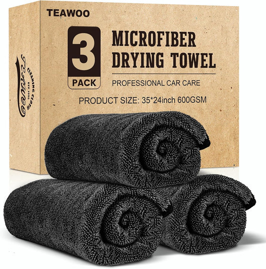 TEAWOO 3-Pack Microfiber Towels for Cars (24" x 35"), Extra Large Super Absorbent Car Drying Towel, Drying Towel for Car & Trucks, Car Towels Drying with No Streaks & Scratches