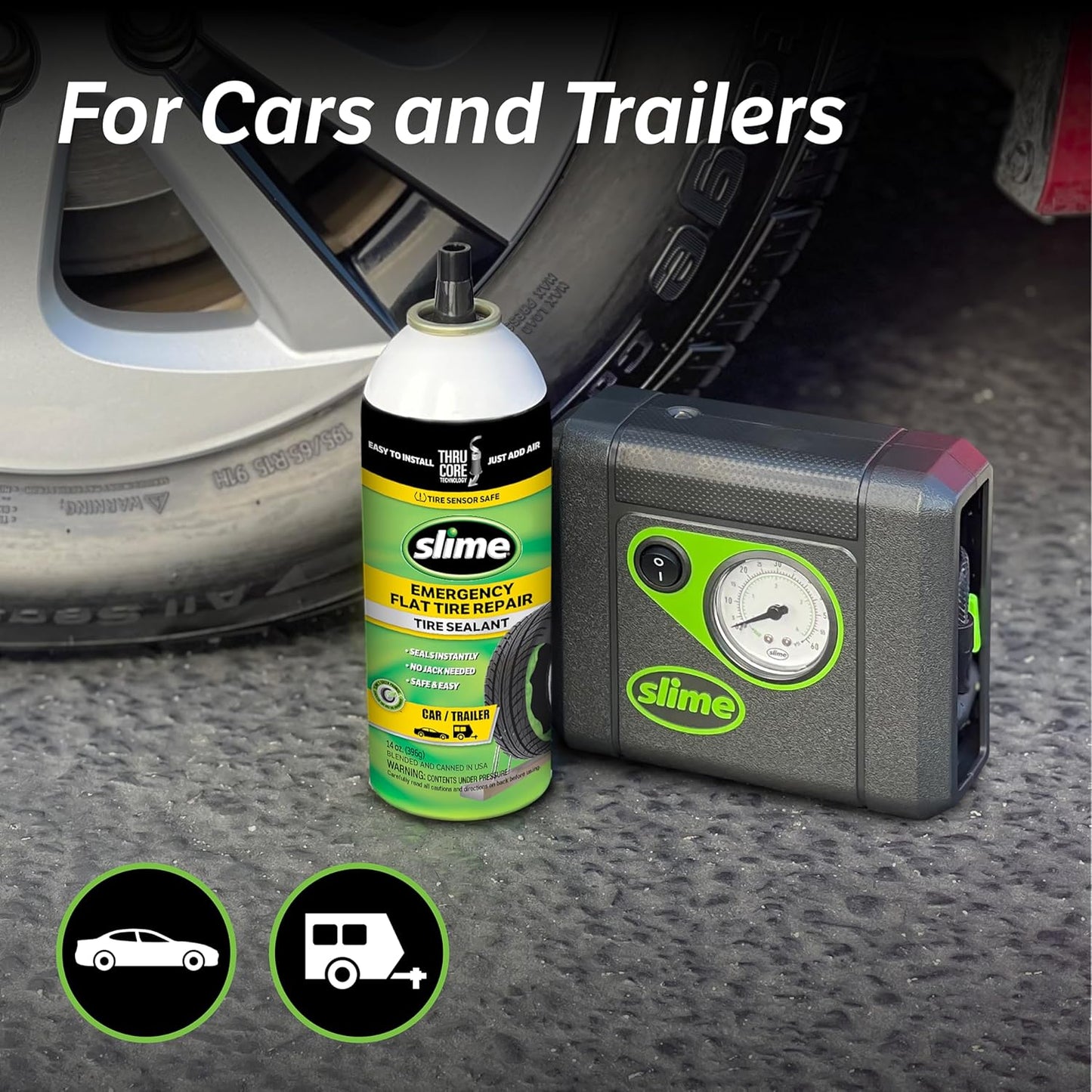 Slime 50107 Flat Tire Puncture Repair, Smart Spair, Emergency Kit For Car Tires, Includes Sealant And Tire Inflator Pump, Suitable For Cars And Other Highway Vehicles, 15 Min Fix