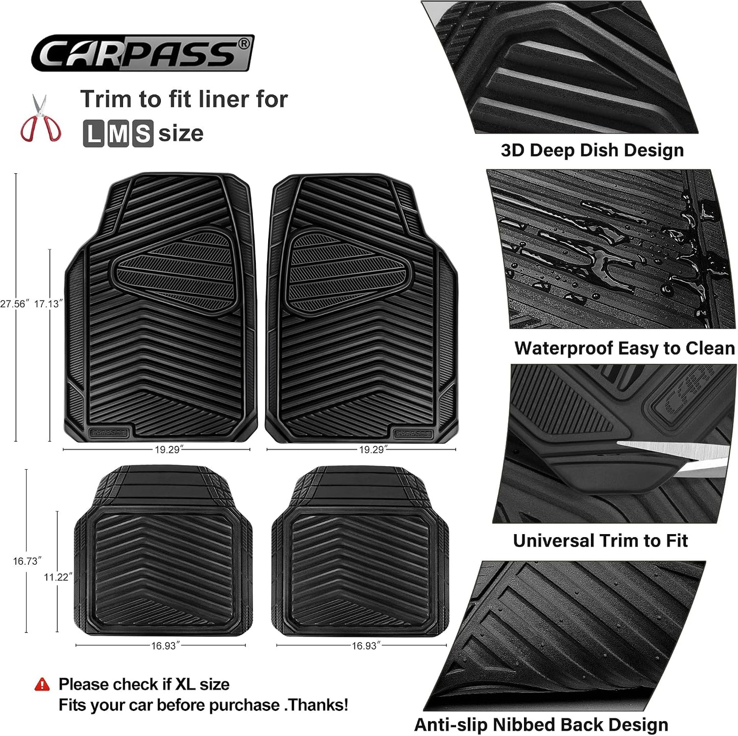 CAR PASS Rubber Car Mats, Waterproof Car Floor Mats All Weather,Car Mat Full Set 3 Piece, Automotive Floor Mat Trim to Fit for Cars Sedans SUVs Trucks, Anti-Slip Easy Clean, All Black