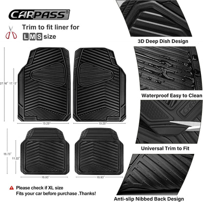 CAR PASS Rubber Car Mats, Waterproof Car Floor Mats All Weather,Car Mat Full Set 3 Piece, Automotive Floor Mat Trim to Fit for Cars Sedans SUVs Trucks, Anti-Slip Easy Clean, All Black
