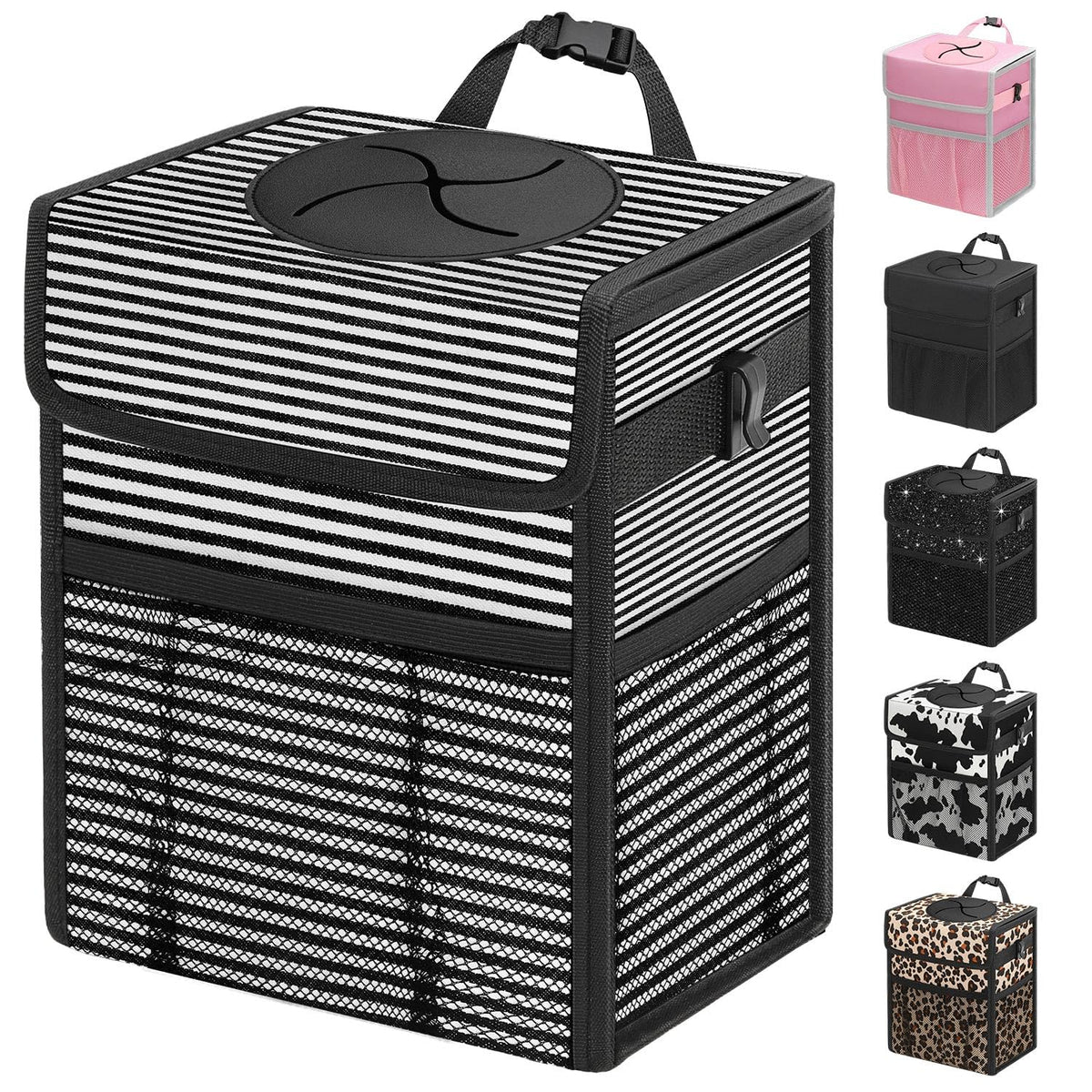 Capolo Car Trash Can with Lid, Leakproof Car Trash Bag Hanging Waterproof Automotive Garbage Can with Storage Pockets Mini Vehicle Trash Bin for Back/Front Seat(Black,2.5 Gallon)