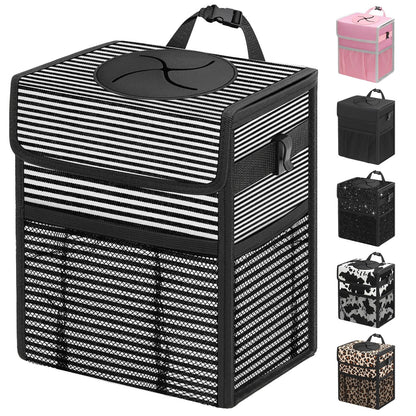 Capolo Car Trash Can with Lid, Leakproof Car Trash Bag Hanging Waterproof Automotive Garbage Can with Storage Pockets Mini Vehicle Trash Bin for Back/Front Seat(Black,2.5 Gallon)