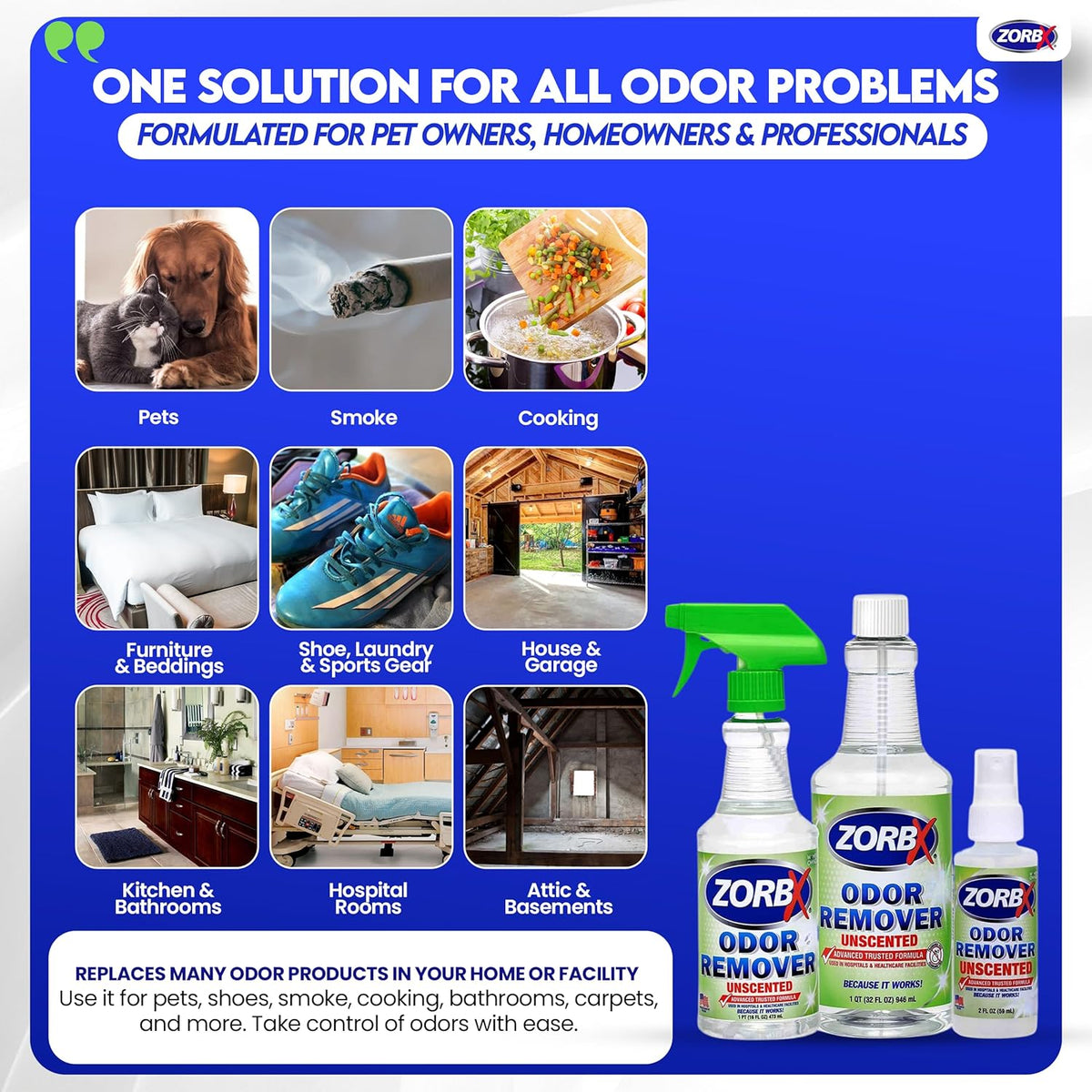ZORBX Unscented Odor Eliminator for Strong Odor 2 Fl Oz, Pack of 1 - Used in Hospitals & Healthcare Facilities - Advanced Formula, Fast-Acting Odor Remover Spray for Dog, Cat, House & Carpet
