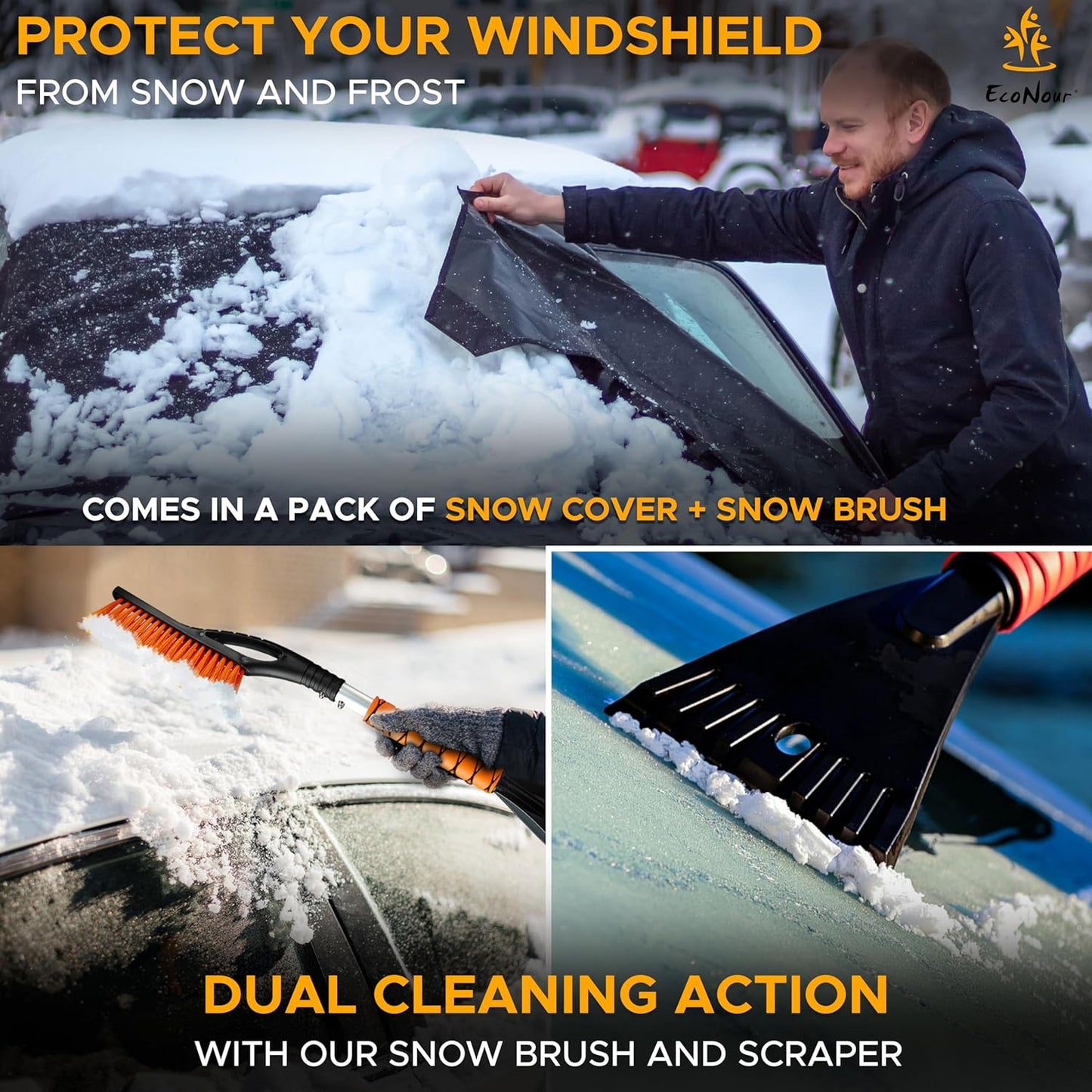EcoNour Windshield Cover for Ice and Snow - Universal Fit for Car, SUV, Truck, Heavy Duty 600D Oxford Fabric Frost Protector for Ice & Sleet, Includes Anti-Theft Straps, Medium (69"x42")