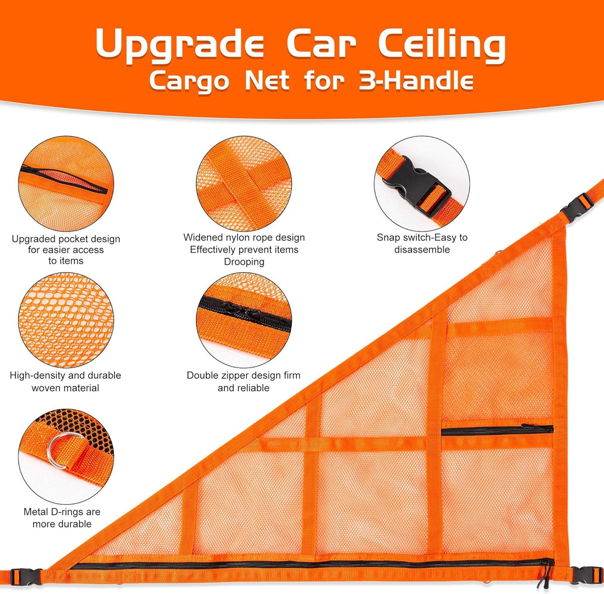 31.5"x21.6" car Ceiling Cargo net for 3-Handle & 4-Handle Vehicles, Double-Layer roof Storage Organizer, mesh car Storage for Road Trips, Camping, SUV, Jeep, 4runner, Ford, Chevy