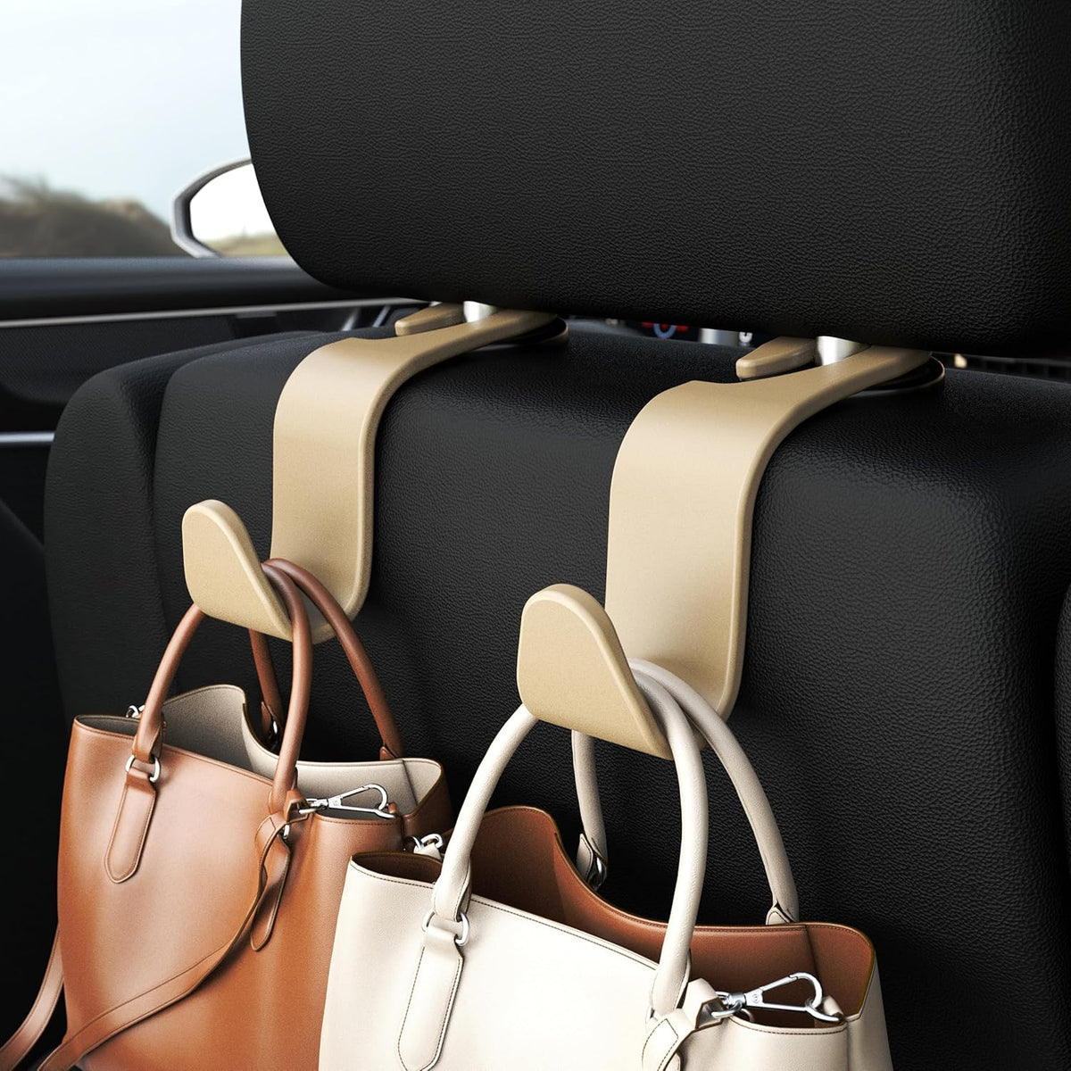Amooca 4-Pack Car Headrest Hooks Vehicle Storage Organizer for Purses Handbags Groceries Backpack Coats –Holds 55lbs 360° Rotating Black