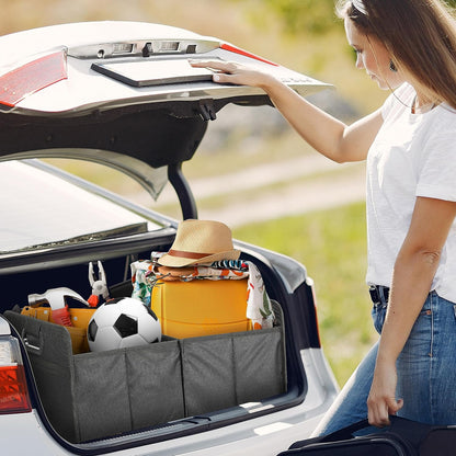 YSSOA Car Trunk Organizer, 2 Compartments Anti-slip 14" D x 22" W x 12" H Collapsible Trunk Storage, 600D Oxford Polyester Car Storage, Suitable for SUV, Minivan, Truck, Black