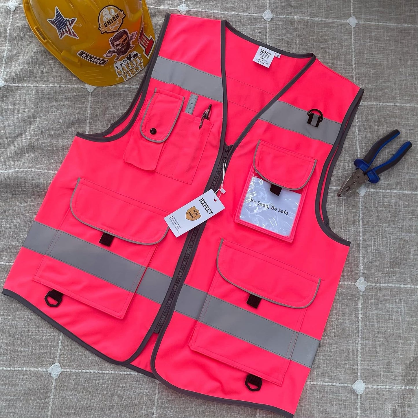 TCCFCCT Safety Vest for Men Women 9 Pockets High Visibility Vest for Safety, Reflective Work Vest with Reflective Strips, Meets ANSI/ISEA Standards, (Yellow, Large)