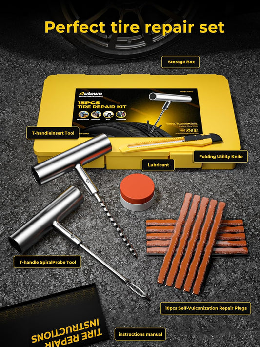 AUTOWN Tire Repair Kit with Plugs Fix Punctures & Plug Flats with Ease - Heavy Duty Flat Tire Puncture Repair Kit for Car, Motorcycle, ATV, UTV, RV, Trailer, Tractor, Jeep, Etc