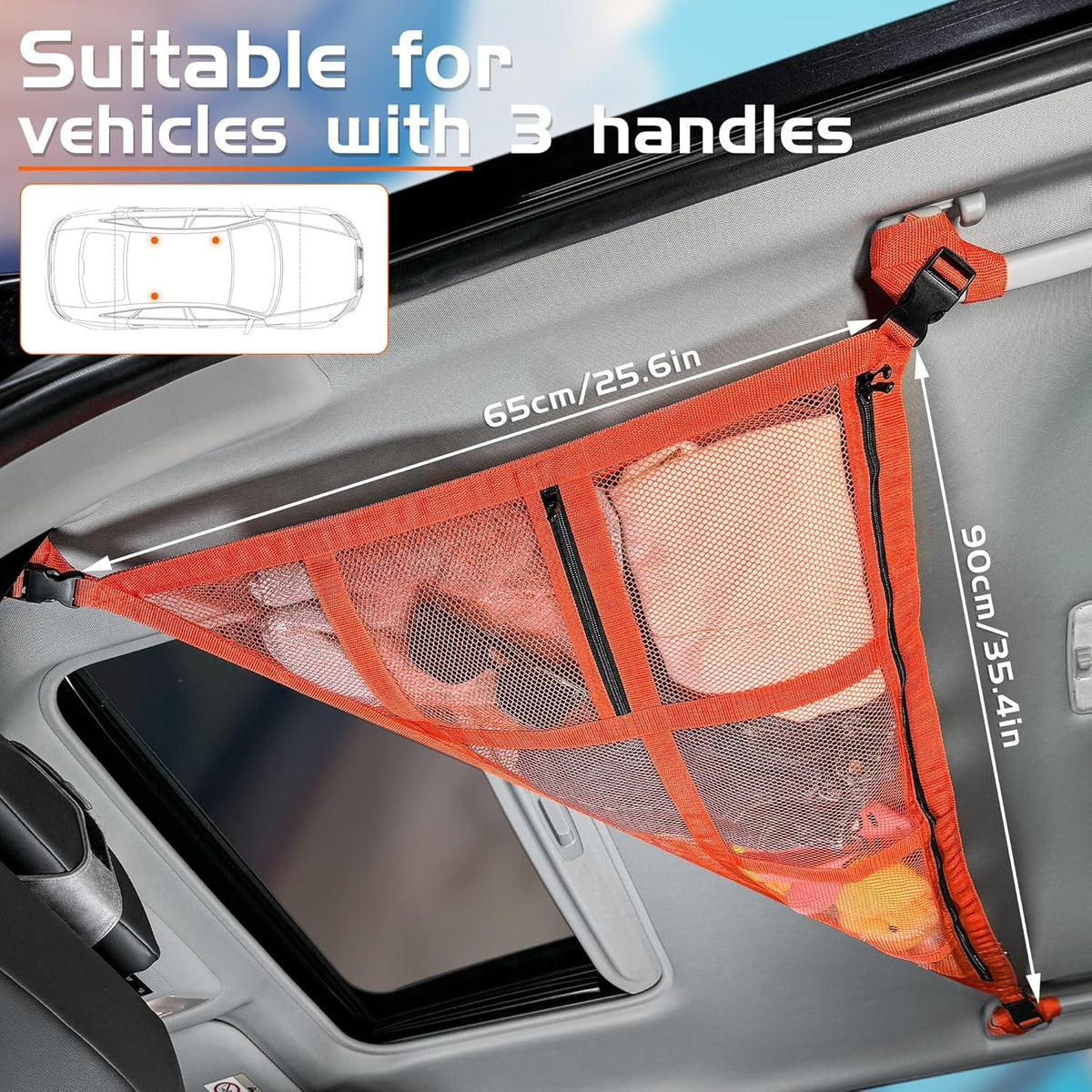 31.5"x21.6" car Ceiling Cargo net for 3-Handle & 4-Handle Vehicles, Double-Layer roof Storage Organizer, mesh car Storage for Road Trips, Camping, SUV, Jeep, 4runner, Ford, Chevy