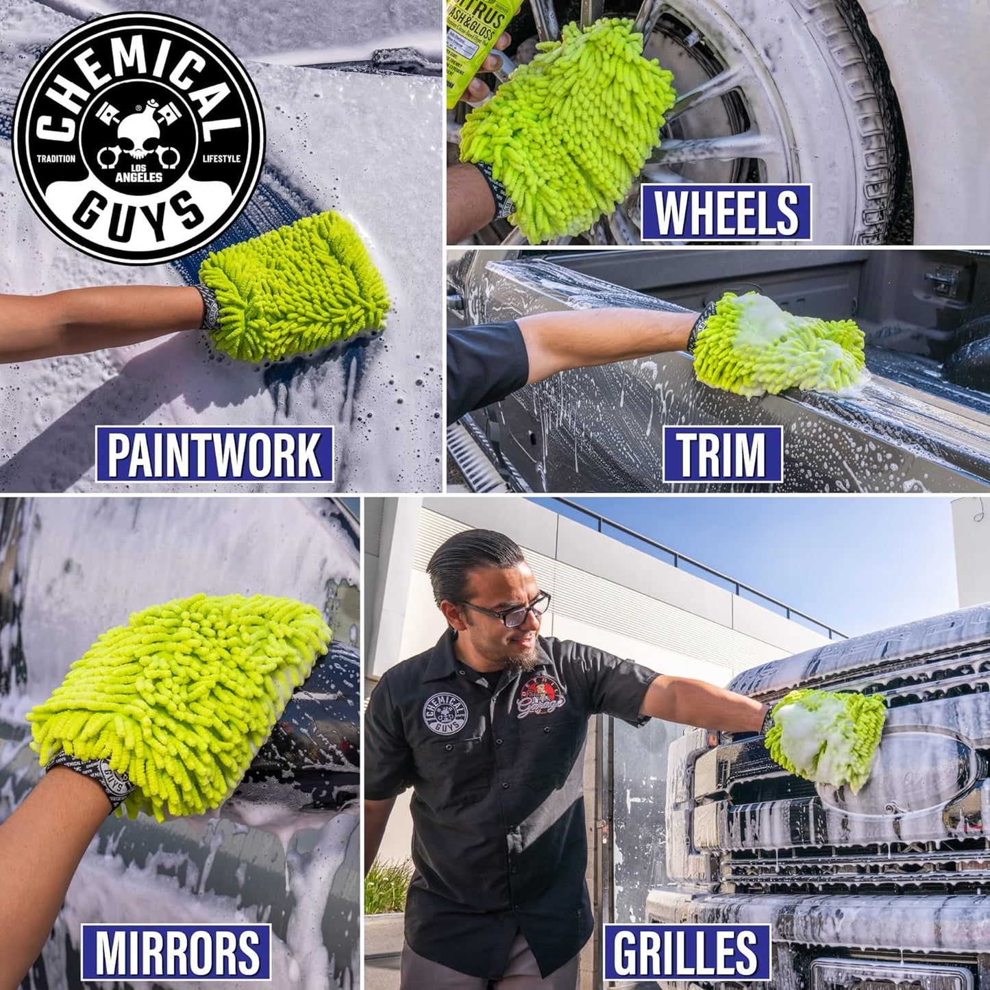 Chemical Guys Chenille Premium Scratch-Free Microfiber Wash Mitt for Car Washing - 2 Pack, Lime Green, Ultra-Soft Car Wash Gloves, Swirl-Free Finish, Safe for Trucks, SUVs, Motorcycles, and More