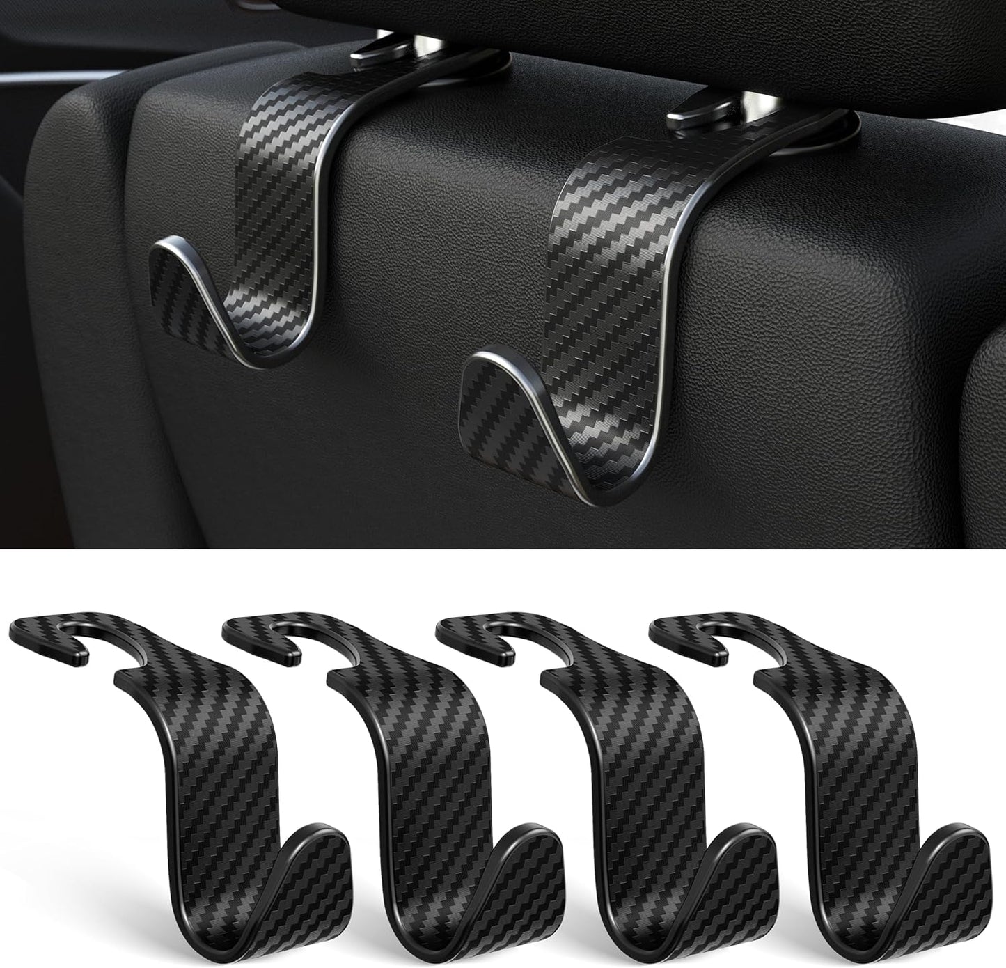 Amooca 4-Pack Car Headrest Hooks Vehicle Storage Organizer for Purses Handbags Groceries Backpack Coats –Holds 55lbs 360° Rotating Black