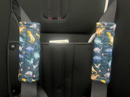 Baby Car Seat Neck Cover, Car Seat Strap Cover, Seat Belt Cushions Pads, Shoulder Strap Protectors, Reversible Pram Harness Covers in Minky Dinosaur, Baby Neck Pad Protector