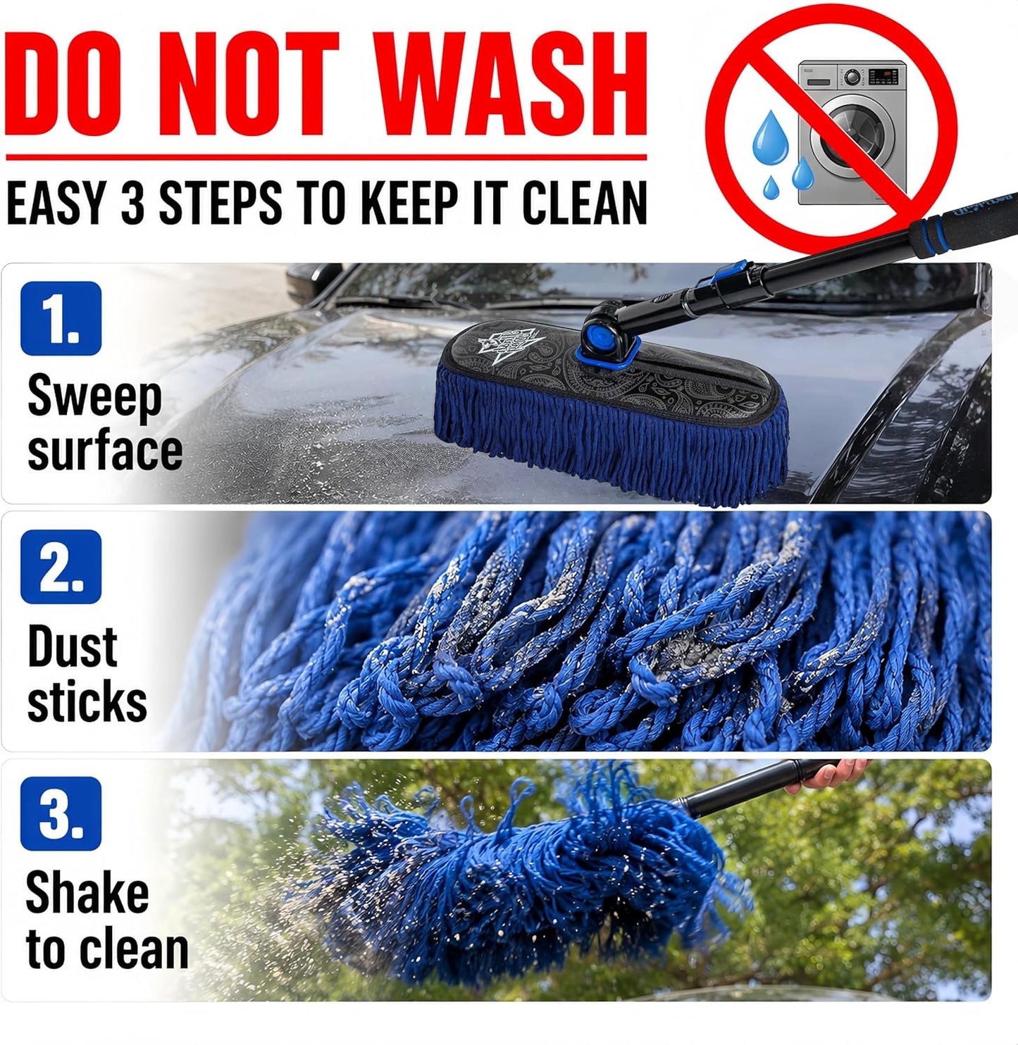 Flash Dog Car Duster Exterior & Interior Duster Aluminum Alloy Extendable Handle and Wax Cotton Strands Scratch-Free Cleaning for Cars, SUVs, RVs | Waterless Dust & Pollen Remover