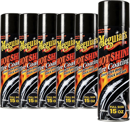 Meguiar's Hot Shine High Gloss Tire Coating, 6 Pack (6 x 15 oz = 90 oz Total) Aerosol Tire Shine Spray for Deep Black Wet Look Tires on Cars Trucks and SUVs After Car Wash Detailing