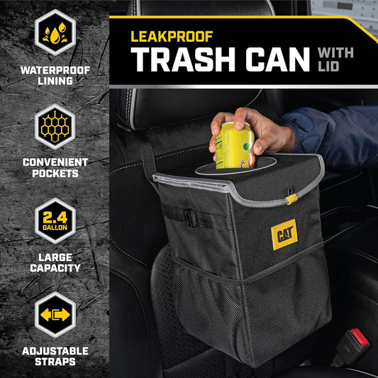 CAT® Car Trash Can & Ice Cooler – 2.4 Gallon Hanging Organizer with Anti-Spill Lid, Leak-Proof Waterproof Liner, Multi-Use Vehicle Bin for Cars, Trucks, SUVs – Heavy-Duty Travel Accessory