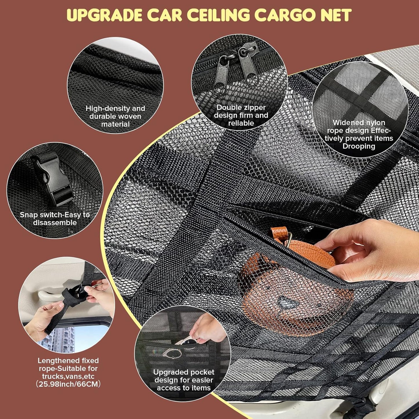 SUV Car Ceiling Cargo Net Pocket,35.4"x23.6" Double-Layer Mesh Car Roof Storage Organizer for Ford,F150,Jeep,Honda CRV,RAV4,Van Organizers and Storage,Camping Accessories