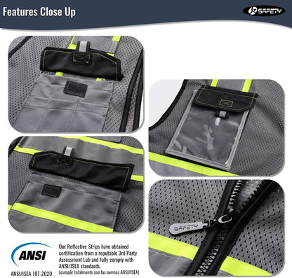 JKSafety Hi Vis Reflective Safety Vests for Men Women High Visibility Vest with Pockets Mesh Fabric Construction Safety Apparel Neon Vest for Work (220-Black L)