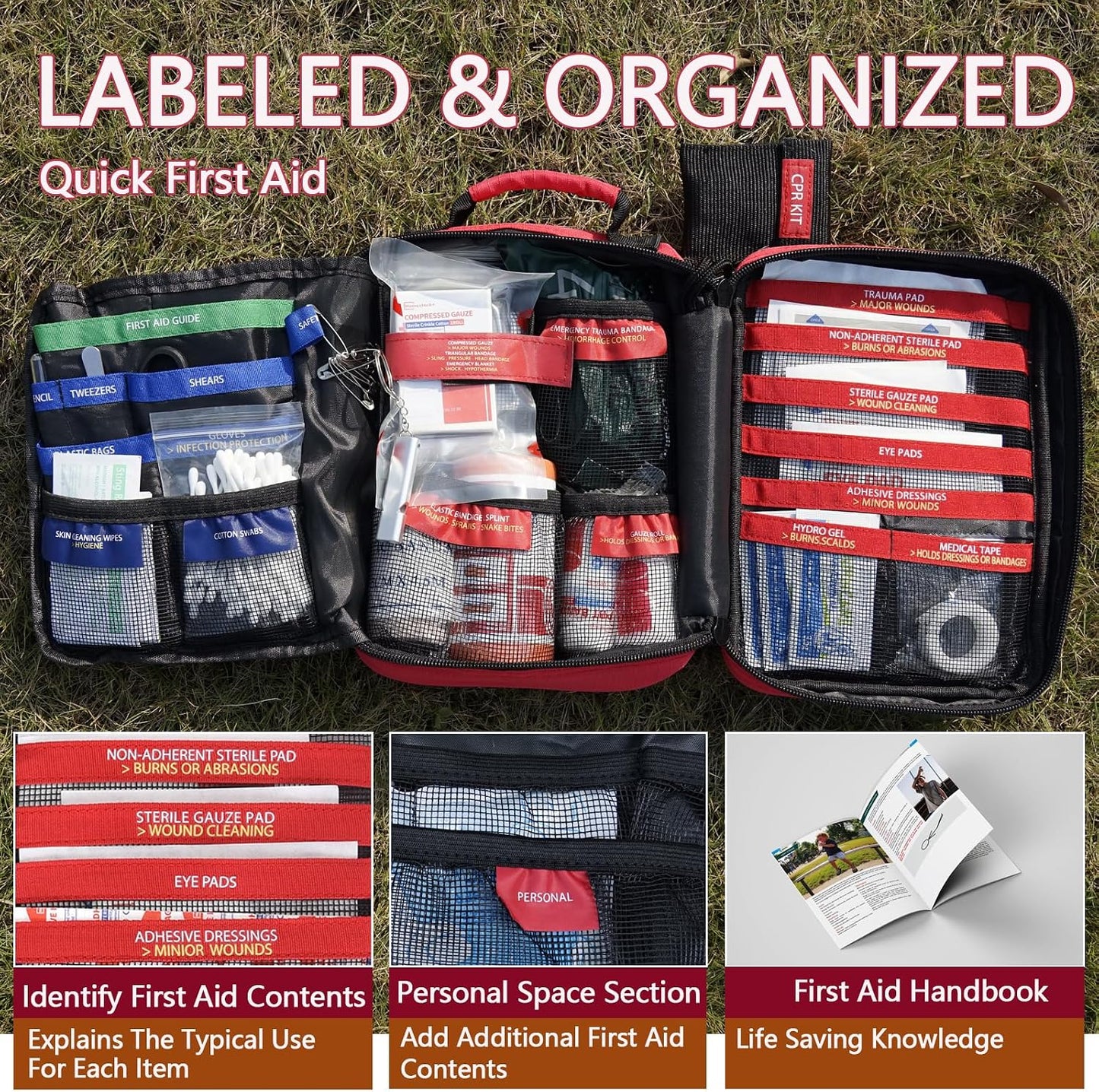 First Aid Kit, Professional Trauma First Aid Kit with Labelled Compartments Molle System for Car, Hiking, Backpacking, Camping, Traveling, and Cycling
