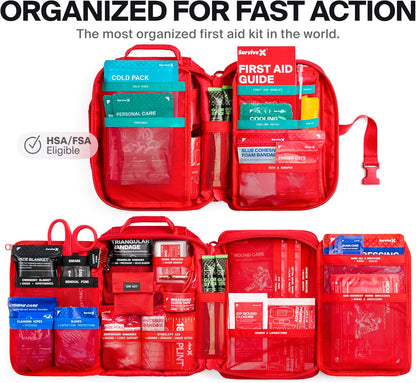SurviveX Large Pro First Aid Kit for Car, Travel & Home - Emergency Kit for Hiking, Camping, Backpacking and Outdoors - Includes Zip Stitch Wound Closure Strips