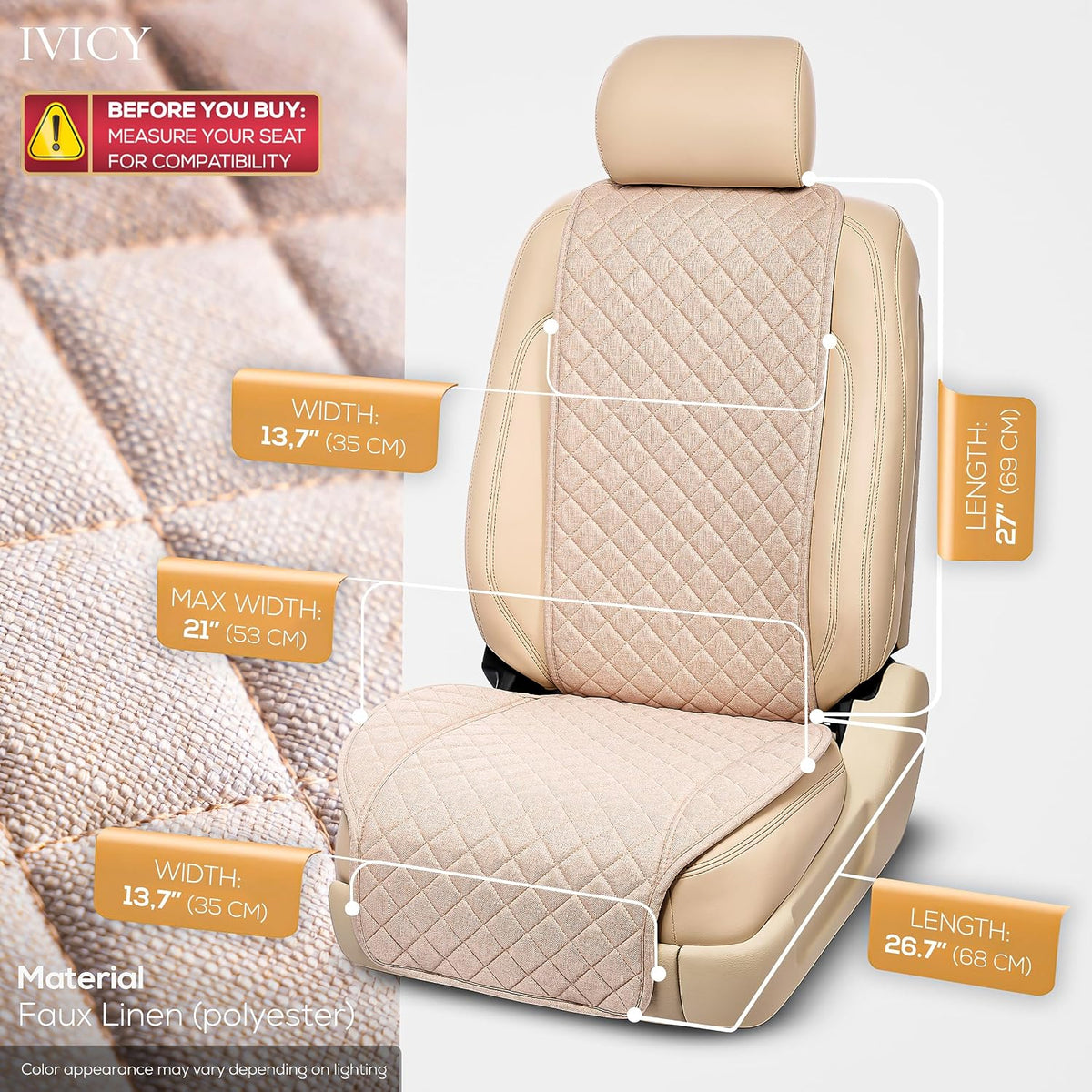 IVICY Faux Linen Front Car Seat Cover – Non-Slip Bucket Seat Protector for Most Cars, SUVs, Vans & Trucks – 1 Seat Cover, Machine Washable, Side-Airbag Friendly, Light Beige