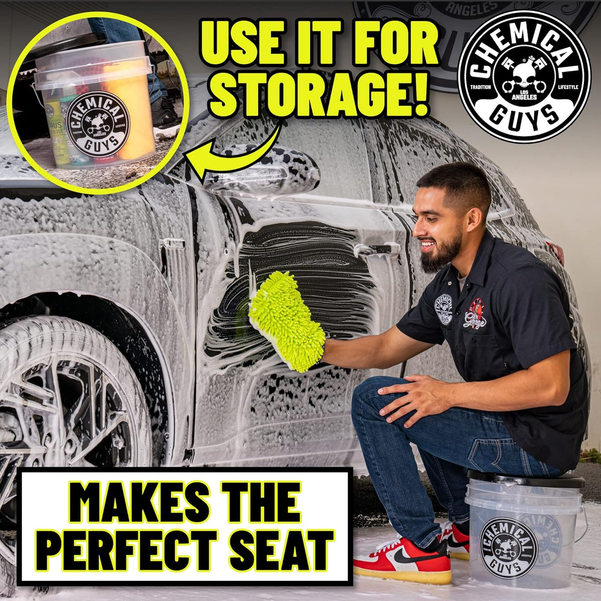Chemical Guys Ultimate Scratch-Free Detailing Car Wash Bucket Kit with Accessories, Car Detailing Kit With Dirt Trap, Wash Mitt, Lid, and 16 oz Soap, Safe For Trucks, SUVs, Motorcycles, RVs