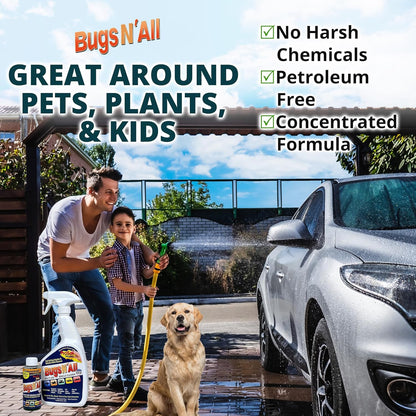 Bugs N’ All Multipurpose Car Cleaner & Degreaser - Bug & Tar Remover Concentrate 4 oz - Exterior Cleaner Safe for Car Paint, Metal, Chrome, Aluminum, Windows & Mirrors - w/Free 32 oz Spray Bottle