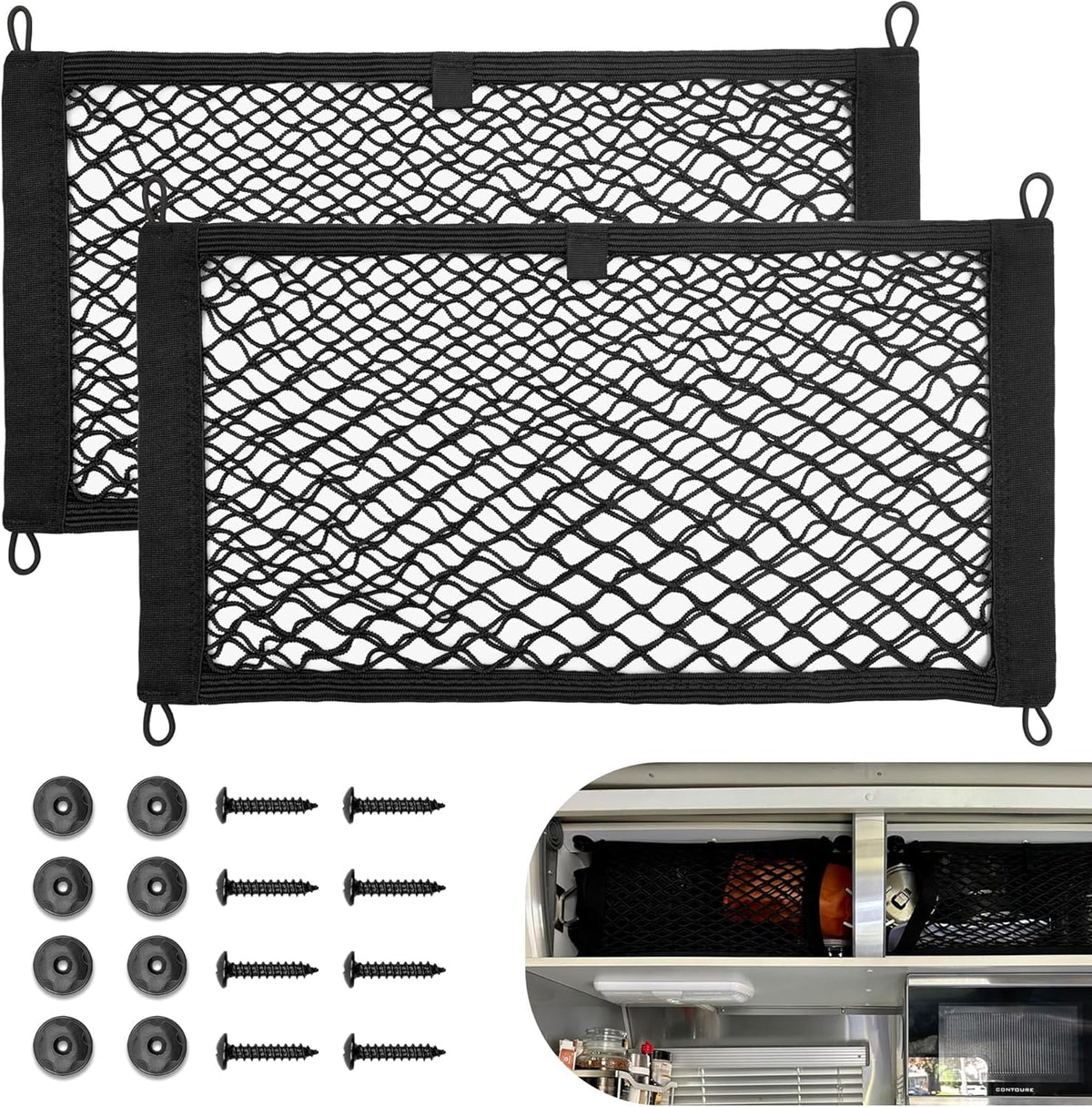 RED WOLF 2 Pcs Universal Cargo Net Pocket Elastic Mesh Netting Car Mesh Pouch for Trunk RV Boats Home Cargo Storage Mesh with Screws and Hooks (25.6'' x 9.8'')