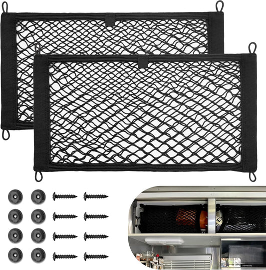 RED WOLF 2 Pcs Universal Cargo Net Pocket Elastic Mesh Netting Car Mesh Pouch for Trunk RV Boats Home Cargo Storage Mesh with Screws and Hooks (25.6'' x 9.8'')