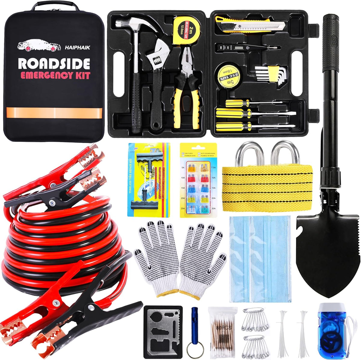 Car Emergency Kit with Jumper Cables Car Safety Kit Vehicle Emergency | Car Emergency Kits for Vehicles Headlamps, Car Glasses Holder, Safety Hammer, Ideal Gifts for New Drivers